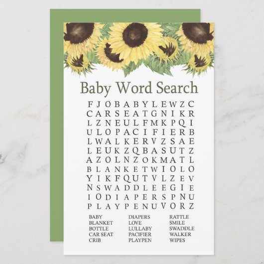 Zonnebloem Baby shower Word Search Game (Voorkant / Achterkant)