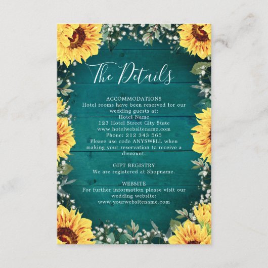 Zonnebloem baby's adem grens Blauwgroen bruiloft d Informatiekaartje (Voorkant)