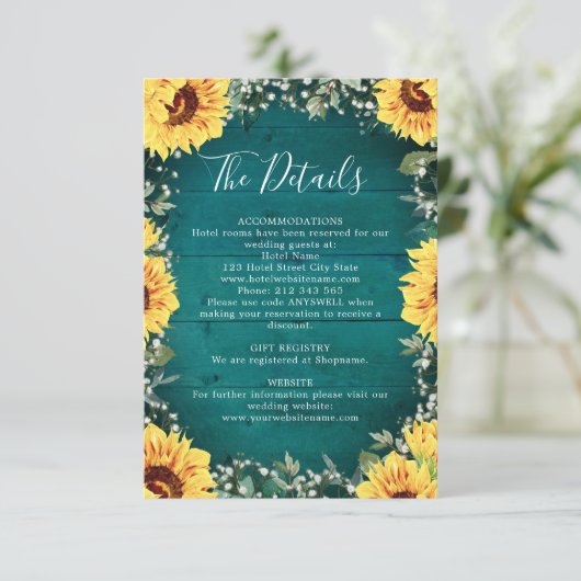 Zonnebloem baby's adem grens Blauwgroen bruiloft d Informatiekaartje (Staand voorkant)