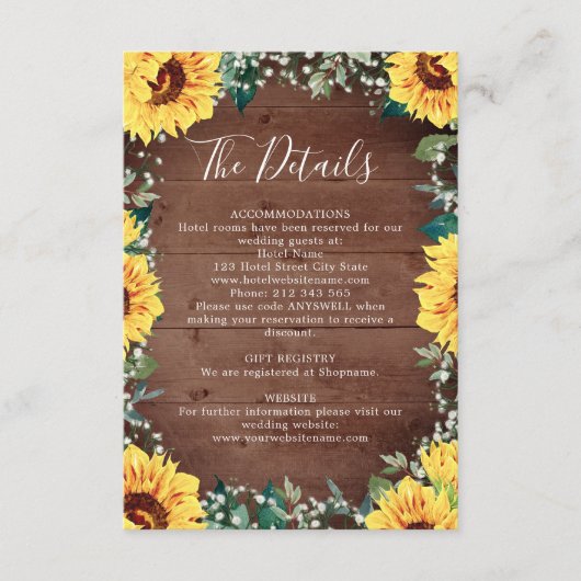 Zonnebloem baby's adem grens hout bruiloft details informatiekaartje (Voorkant)