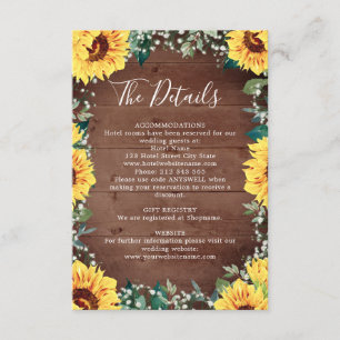 Zonnebloem baby's adem grens hout bruiloft details informatiekaartje