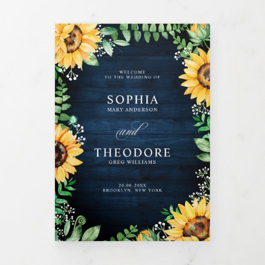 Zonnebloem baby's adem Navyblauwe Bloemige Bruilof Drieluik Aankondiging (Cover)