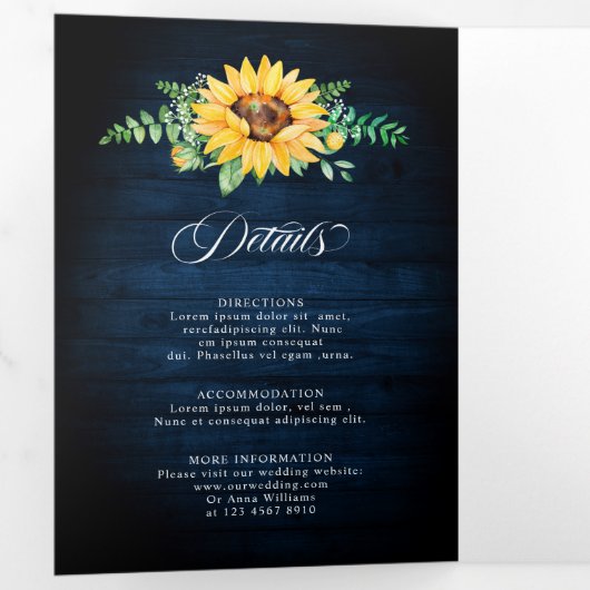 Zonnebloem baby's adem Navyblauwe Bloemige Bruilof Drieluik Aankondiging (Binnenzijde eerst)