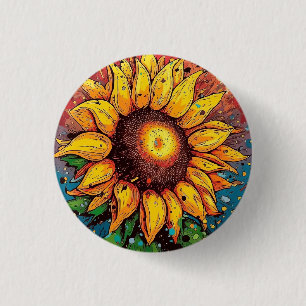 Zonnebloem badge, speld, knoop. kleurrijk ronde button 3,2 cm