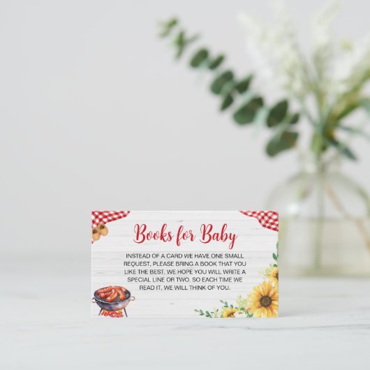 Zonnebloem BBQ Baby shower Boeken voor Baby Informatiekaartje (Staand voorkant)
