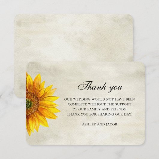 Zonnebloem bedankt. Rustieke bloem huwelijksbrief Notitiekaartje (Voorkant / Achterkant)