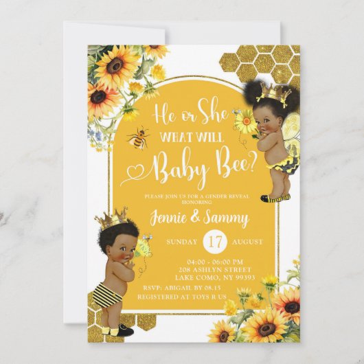 Zonnebloem Bee Afro meisje Geslacht onthullen Kaart (Voorkant)