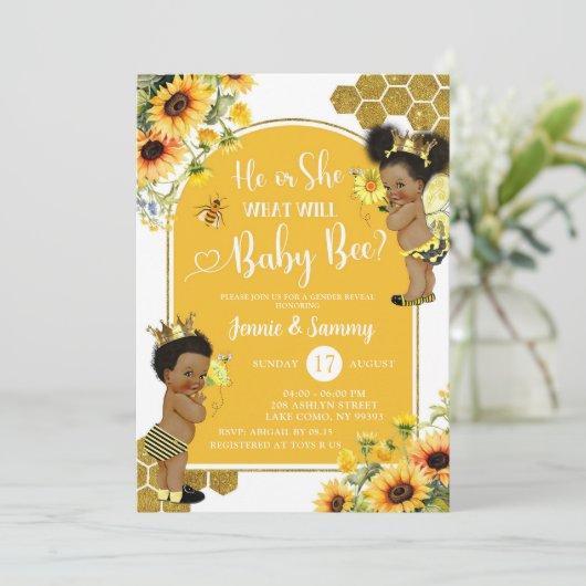 Zonnebloem Bee Afro meisje Geslacht onthullen Kaart (Staand voorkant)