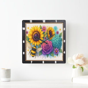Zonnebloem Bee Garden Wall Vierkante Klok