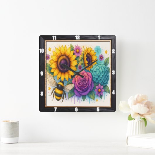 Zonnebloem Bee Garden Wall Vierkante Klok (Huis)
