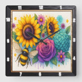 Zonnebloem Bee Garden Wall Vierkante Klok (Voorkant)