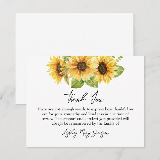 Zonnebloem begrafenis dank u nota Kaart verering (Voorkant / Achterkant)