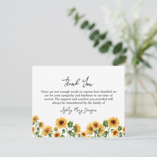 Zonnebloem begrafenis dank u nota Kaart verering (Staand voorkant)