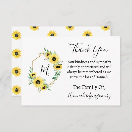 Zonnebloem begrafenis sympathie dank u notitiekaartje (Voorkant / Achterkant)