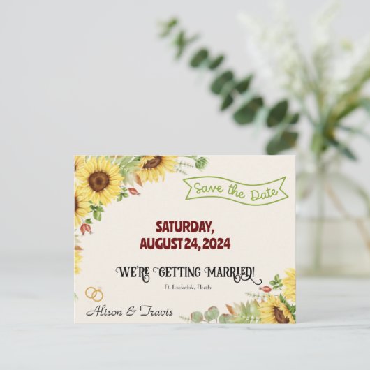 ZONNEBLOEM BEWAAR DE DATUM BRUILOFT POST KAART (Staand voorkant)