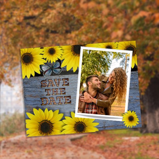 Zonnebloem Bewaar de trouwdatum | Klassiek blauw Aankondigingskaart