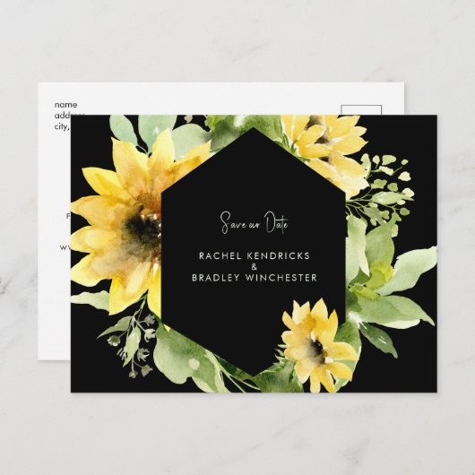 Zonnebloem Bewaar Onze Datum Zwarte Trouwdatum Zwa Aankondigingskaart (Voorkant / Achterkant)
