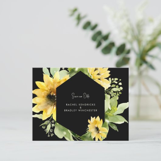 Zonnebloem Bewaar Onze Datum Zwarte Trouwdatum Zwa Aankondigingskaart (Staand voorkant)