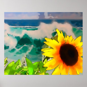 Zonnebloem bij de strand poster