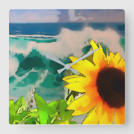 Zonnebloem bij de strand vierkante klok