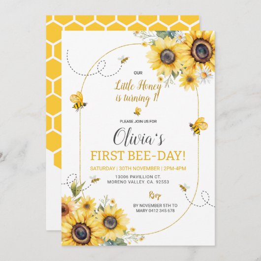 Zonnebloem bij meisje verjaardag uitnodiging (Voorkant / Achterkant)