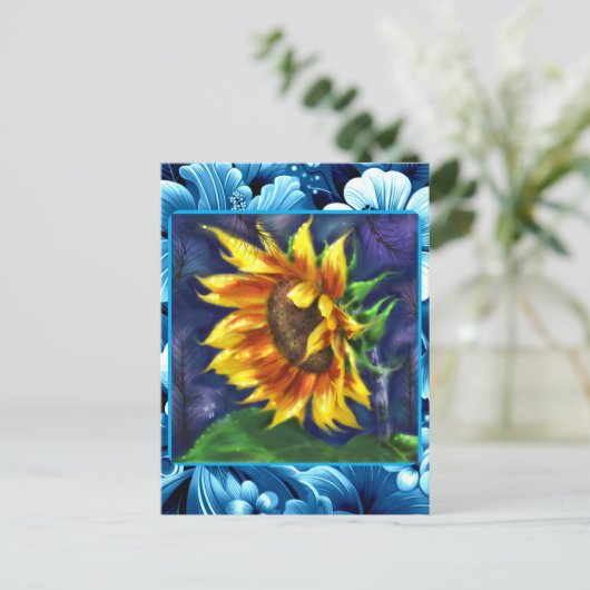 Zonnebloem bij Nacht Blauw Geel Groene Bloem Bloem Briefkaart (Staand voorkant)