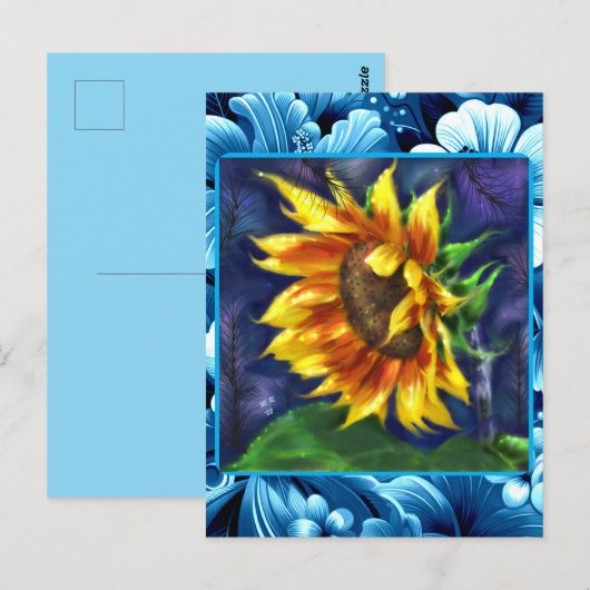 Zonnebloem bij Nacht Blauw Geel Groene Bloem Bloem Briefkaart (Voorkant / Achterkant)
