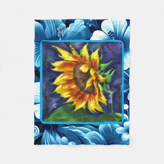 Zonnebloem bij Nacht Blauw Geel Groene Bloem Bloem Fleece Deken (Voorkant)