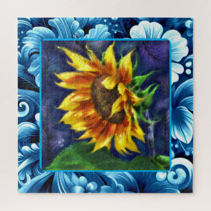 Zonnebloem bij Nacht Blauw Geel Groene Bloem Bloem Legpuzzel