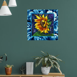 Zonnebloem bij Nacht Blauw Geel Groene Bloem Bloem Poster