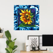 Zonnebloem bij Nacht Blauw Geel Groene Bloem Bloem Poster (Thuiskantoor)