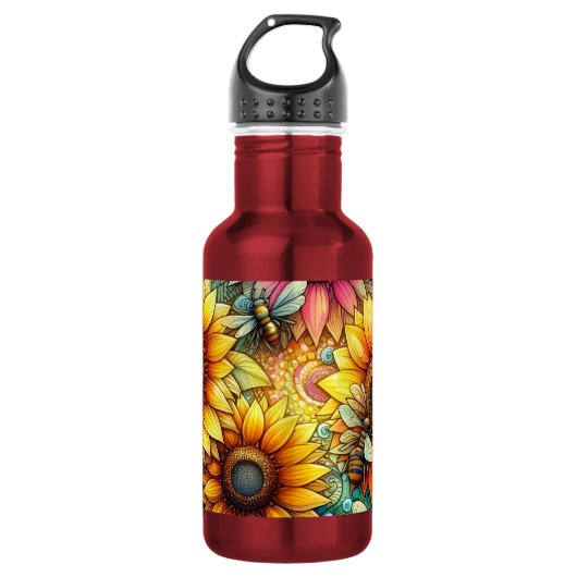 Zonnebloem bijen bloeien, Boho Tuin Waterfles (Voorkant)
