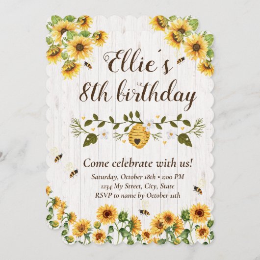 Zonnebloem & Bijen Verjaardag uitnodiging (Voorkant / Achterkant)