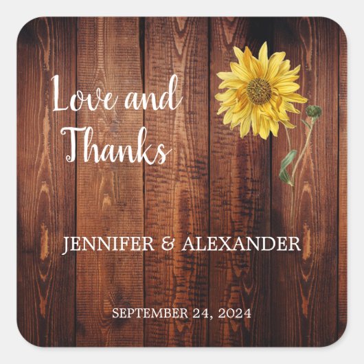Zonnebloem, bijtende schuur, liefde en Bedankt bru Vierkante Sticker (Voorkant)