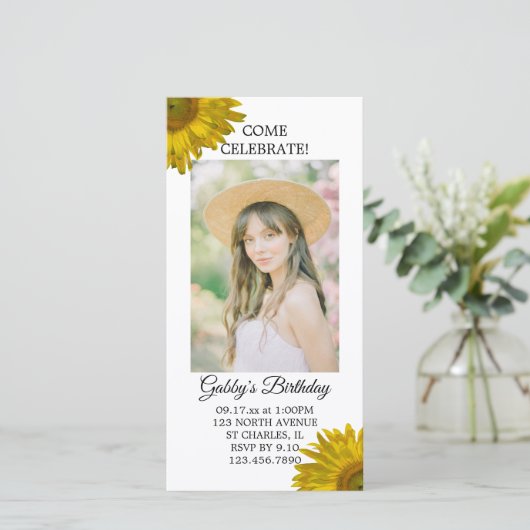 Zonnebloem Birthday Party Invitation Photo Card (Staand voorkant)