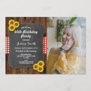 Zonnebloem Birthday Party Rustic Wood Chalk Foto Kaart