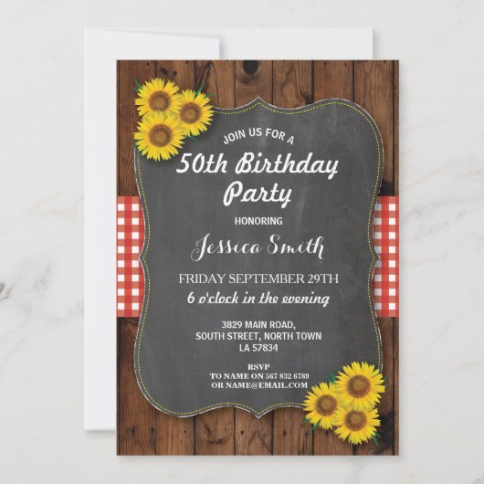 Zonnebloem Birthday Party Rustic Wood Chalk Invite Kaart (Voorkant)