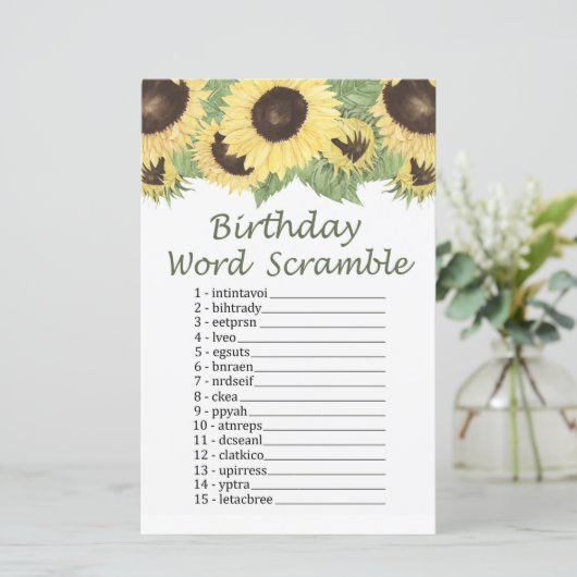 Zonnebloem, BIRTHDAY WORD SCRAMBLE Game (Staand voorkant)