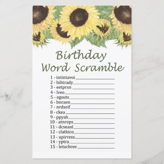 Zonnebloem, BIRTHDAY WORD SCRAMBLE Game (Voorkant)