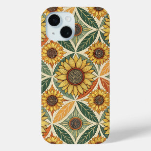 Zonnebloem & blad patroon op natuur geïnspireerd iPhone 15 case