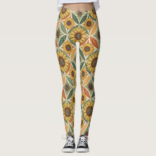 Zonnebloem & blad patroon op natuur geïnspireerd leggings