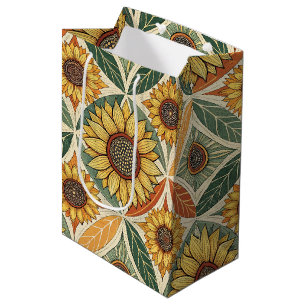 Zonnebloem & blad patroon op natuur geïnspireerd medium cadeauzakje