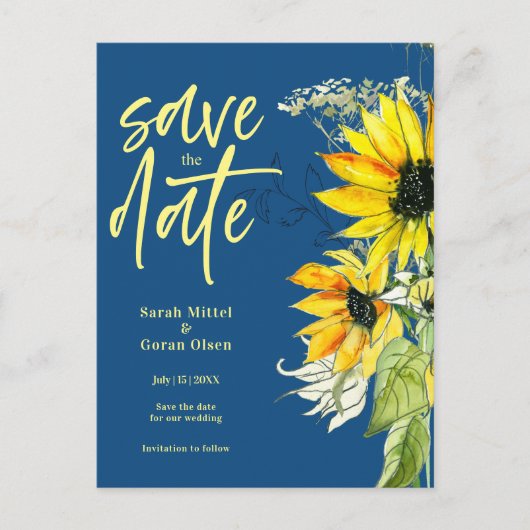 Zonnebloem Blauw Bewaar de datum Uitnodiging (Voorkant)