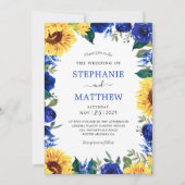 Zonnebloem Blauw Bloemen Border Wedding Kaart (Voorkant)