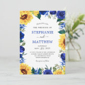 Zonnebloem Blauw Bloemen Border Wedding Kaart (Staand voorkant)