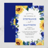 Zonnebloem Blauw Bloemen Border Wedding Kaart (Voorkant / Achterkant)