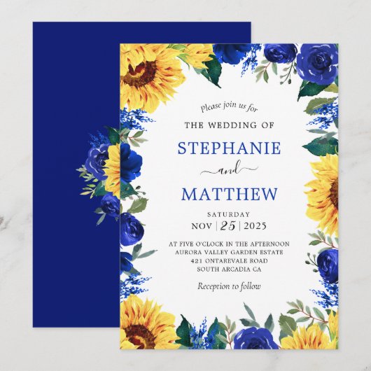 Zonnebloem Blauw Bloemen Border Wedding Kaart (Voorkant / Achterkant)