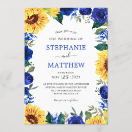 Zonnebloem Blauw Bloemen Border Wedding Kaart