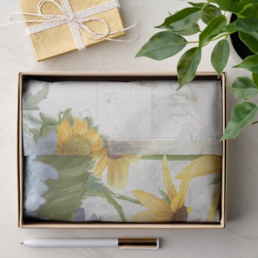 Zonnebloem Blauw Bloemen Dragonfly Script Tissuepapier (Geschenk)