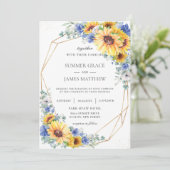 Zonnebloem Blauw Bloemen Groen Geometrische bruilo Kaart (Staand voorkant)